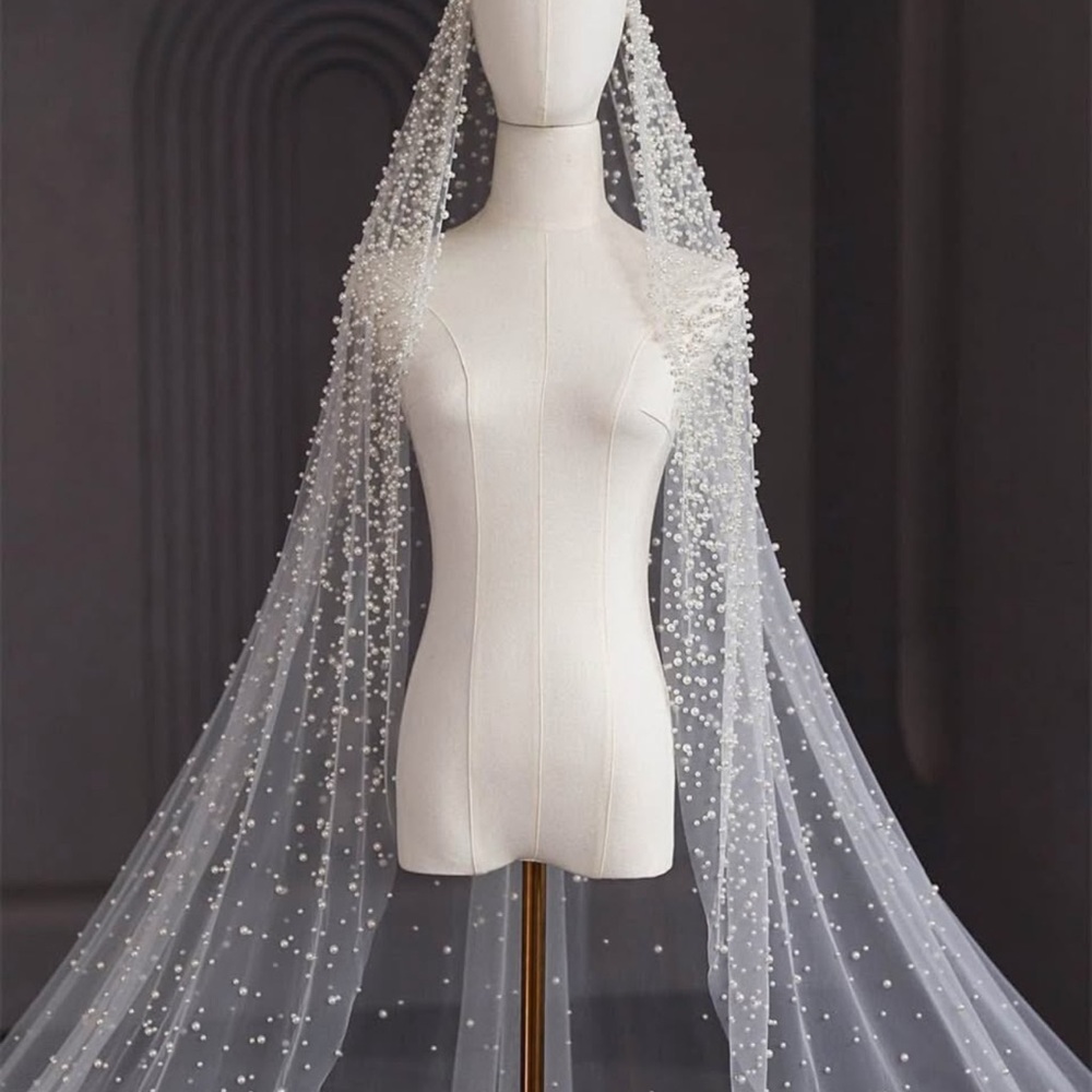 Elegant Off White Beaded Bridal Veil 400cm